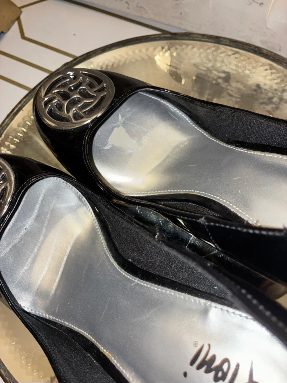 Genuine Fioni Black Patent Wedge Pumps with Silver Medallion Size 6.5